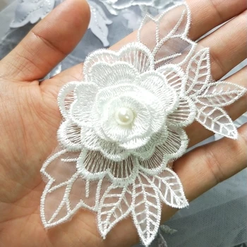 10x White Pearl Zawalcowany 3D Gėlių Nėrinių Apdaila yra Rankų darbo Siuvinėtos Aplikacijos Juostele Audinio, Siuvimo Kostiumas Suknelė Apdaila
