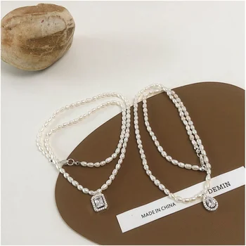 1PC Aukštos kokybės perlų vėrinį stačiakampio formos arba lašo formos cirkonis pakabukas gėlavandenių perlų baroko clavicle grandinės karoliai Mergina