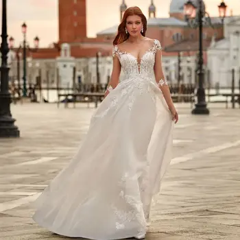 2023 Classic-Line Vestuvių Suknelė Seksualus V-Kaklo, Nėriniai Appliqued Iliuzija Atgal Bžūp Rankovėmis Nuotakos Suknelė Valymo Traukinio Vestidos De Novia