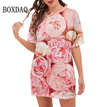 2023 Naują Pavasario Pink Peony Gėlių Suknelės Moterims trumpomis Rankovėmis 3D Spausdinimo Palaidų Drabužių, Negabaritinių Apvalios Kaklo Vasarą Mini Suknelė