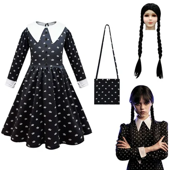 2023 Naujų Vaikai trečiadienis Addams Family Cosplay Suknelė, Kostiumas Addams Perukas Merginos Derliaus Gotikos Komplektus Helovinas Vaidmenį vaidina Apranga