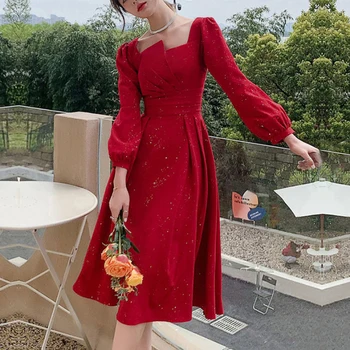 2023 Pavasarį, Vasarą, Elegantiška Raudonos Spalvos Suknelė Moterims Aikštėje Apykakle Ilgomis Rankovėmis Sėdmenų Ilga Suknelė Office Lady Plius Dydis Suknelė