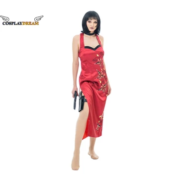 Ada Wong Cosplay Kostiumų Satino, Siuvinėta Cheongsam Stiliaus Raudona Suknelė Moterims, Helovyno Cosplay Apranga