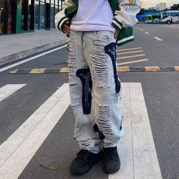 Amerikietiško stiliaus high street nelaimę siuvinėjimo suplėšyti džinsai, vyriški palaidų montavimo tiesiai hiphop madingo prekės ženklo dėvėti platus ziajać kojos