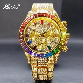Aukso Laikrodis Vyrams Naujas Rainbow Baugette Klasikinis Stilingas Kvarciniai Laikrodžiai Su Kalendoriniais Moissanite Laikrodis Dropshipping