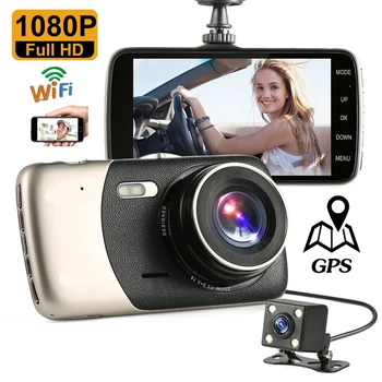 Automobilių DVR WiFi Full HD 1080P Brūkšnys Cam Transporto priemonių Galinio vaizdo Kamera, Vaizdo magnetofoną, Naktinio Matymo Auto skaitmeniniai vaizdo įrašymo įrenginiai Dashcam GPS Automobilių Reikmenys