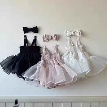 Balta /rožinė/juoda Merginos Dirželis Tiulio Suknelė Vaikams Gimtadienio Tutu Sijonas iki 2023 m. Pavasarį korėjos Bamblys Merginos Nėrinių Romper Suknelė
