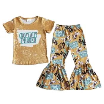 Bamblys Vakarų Karvė Žudikas Drabužius Baby Girl Boutique Marškinėliai Geltona Bell Kelnės Didmeninė Pavasarį, Rudenį Vaikams Rinkinys Vaikams, Apranga