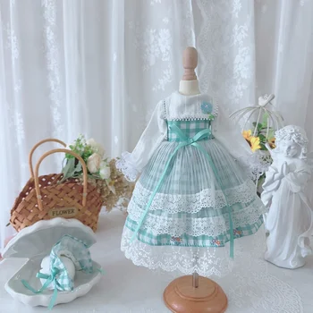 BJD Doll Drabužiai tinka 1/3 1/4 1/6 dydžio Mėlynos spalvos Pledas nėrinių Sielovados Stiliaus Suknelė Lėlės Priedai (sijonas + galvos apdangalas)