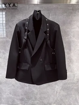 Dizaineris Gotikos Atsitiktinis Mens Kostiumas Striukė Ilgomis Rankovėmis Juodas Švarkas Viršūnes Streetwear Turn-Žemyn Apykaklės Palaidi Tinka Mados Paltai Vyras