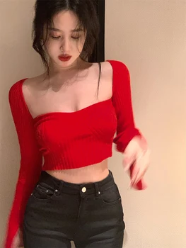 Džemperis Raudonas Mažas Kaklo Aikštėje Apykaklės Seksualus Slim Long Sleeve Top Korėjos Moterys Prielajų Liesas Mezgimo