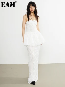 [EAM] Moterys, Balta Nėrinių Ritininės Elegantiškas Ilgas Stebėjimo Nauja Suknelė be Rankovių Palaidi Tinka Mados Banga Pavasario Vasaros 2023 1DF7548