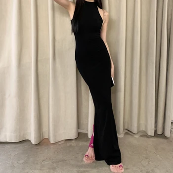 Elegantiška Juoda Maxi Suknelė Korėjos Prašmatnus Rankovių Slim Bodycon Suknelės Ponios Kietas Priežastinis Vasaros Ilgas Chalatas, Vestidos