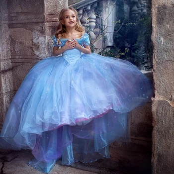 Elegantiška Mėlynos Spalvos Nuo Peties-Line Gėlių Mergaičių Suknelės 2023 Princess Gimtadienio Blizgučiai Puošnios Vaikų Pirmosios Komunijos Suknelės