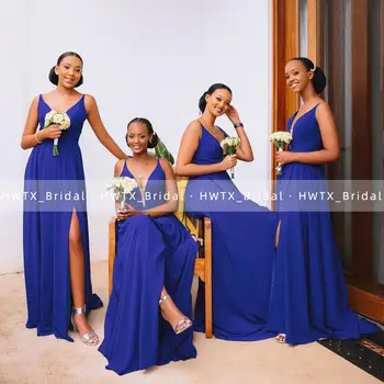 Ilgai Royal Blue Šifono Bridesmaid Dresses Linijos, Rankovių Pusėje Padalinta Vestuvės Dress Tarnaitė Garbės Chalatai Moterims