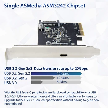 IOCREST USB 3.2 PCI Express Plėtros Plokštę PCI-E 4X USB3.2 Gen2 X2 Tipo C 20Gbps SATA Varomas Asmedia ASM3242