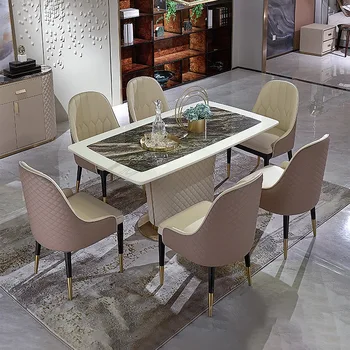 Italijos šviesos prabangus valgomasis stalas ir kėdės derinys šiuolaikinio Amerikiečių paprasta medžio masyvo valgomojo stalas, marmuro stalas