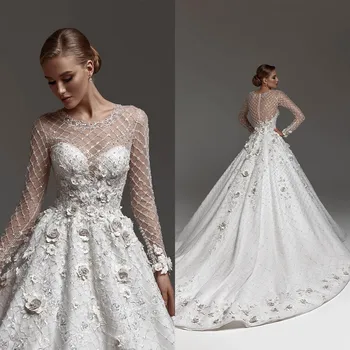 Išskirtinį Iliuzija Vestuvinės Suknelės Puošmena-Nėriniai 3D Gėlės Vestuvių Suknelė Užsakymą ilgomis Rankovėmis Vestido de novia