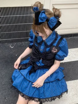 Japonijos Gothic Lolita Dress Moterų Kawaii Lankas Lokys Nėrinių Mėlynos Spalvos Suknelė Ilgomis Rankovėmis Princesė Dress Helovinas Kostiumas Mergaitėms Dovanų