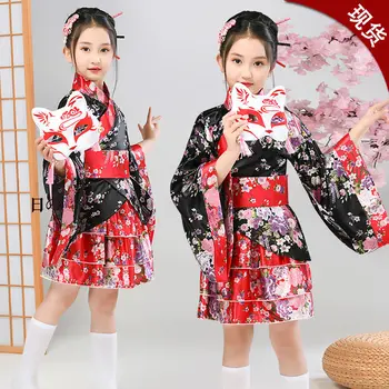 Japonų Stiliaus Kimono Yukata Suknelė Tradicinis Vaikų Spausdinti Gėlių Lolita Kimonos Skraiste Dress Helovinas Mergina Cosplay Kostiumai