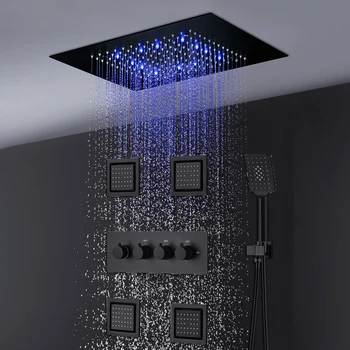 Juoda LED Dušo Komplektas Embedded Lubų Lietaus Dušo Galvutė Termostatiniai 3 Būdais Vožtuvas, Kūno purkštukai 4 Colių
