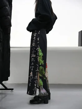 Kaklaraištis Dažų Black Print Sijonai Womens-line Padalinta Ilgas Sijonas Harajuku Japonijos Streetwear Gotikos Faldas Largas Mujer 2023 Fairycore