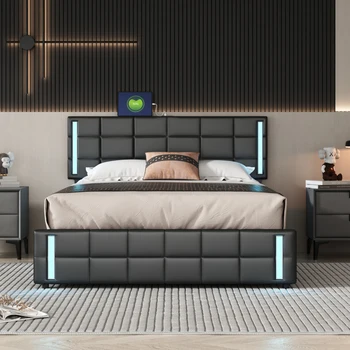 Karalienės Dydžio Minkštų Platforma Lova su LED Žibintai ir USB Krovimo, Sandėliavimo Lova su 4 Stalčiais, už miegamojo baldai