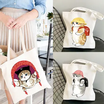 Kawaii Katės Didelės Talpos Nešti Maišą Paplūdimio Krepšys Manga Animacinių Filmų Shopper Bags Rankinės Drobės Pečių Krepšiai Moteris, Pirkinių Krepšiai
