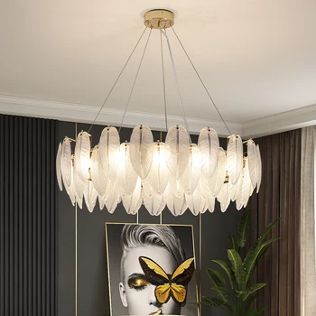 LED Art Deco Postmodernaus Baltas Stiklas Žąsų Plunksnų Dizaineris Liustra Apšvietimo Blizgesio Pakabos Šviestuvas Lampen Už Fojė