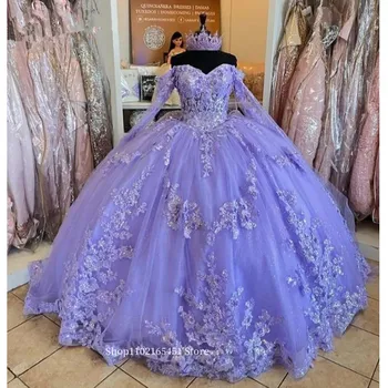 Levandų Alyvinė Quinceanera Suknelės Saldus 16 Princesė Prom Dresse ilgomis Rankovėmis 3D Gėlės Appliques Nėriniai-up vestidos de anos 15