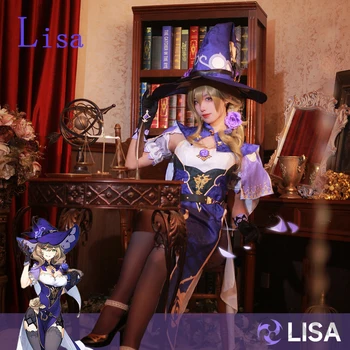 Lisa Cosplay Genshin Poveikio Cosplay Kostiumų Perukas Violetinė Suknelė Ragana Skrybėlę Nustatyti Komplektus Genshin Lisa Kostiumai Moterims Helovinas