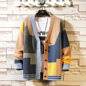 Madinga ir stilinga sezonas naujų spalvų blokavimo vyriški viršutiniai drabužiai spalvų blokavimo megztinis megztinis V-kaklo, megztiniai su extra large dydis