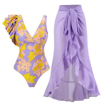 Mados Gėlių Colorblock Spausdinti vientisas maudymosi kostiumėlis Rinkinys Su Sijonu Stora Moterų Tvarstis Žalia Vasaros Paplūdimio Drabužiai 2023 Prabanga