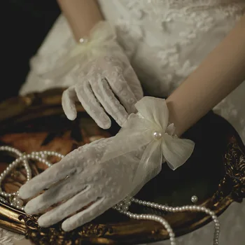 Mados korėjos stiliaus nuotakos nėrinių vestuvių Pirštinės Plonas Trumpas Elastinga Etiketo Suknelė Elegantiškas Pearl Nėrinių Lankas Saulės Granulių Pirštinės
