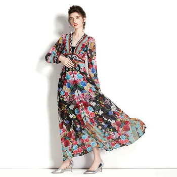 Mados prancūzijos Elegantiškas Slim-LINE Maxi Suknelės Moterims Gėlių Spausdinti Eid Abaja Musulmonų Dubajus Abaja Atsitiktinis Šalies Ilga Suknelė