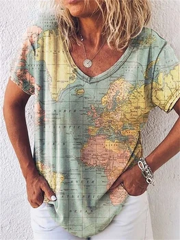 Marškinėliai moteriški map 3d spausdinimo marškinėliai v-kaklo moterų mados trumpomis rankovėmis t shirts prarasti t marškinėliai atsitiktinis prabanga marškinėlius