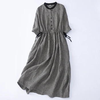 Medvilnės skalbiniai pledas trumpas rankovėmis suknelė vasarą nauju moterų derliaus literatūros prarasti raišteliu apvalios kaklo atsitiktinis ilgos suknelės