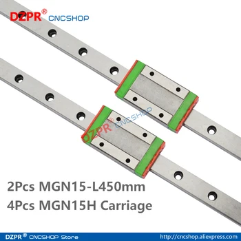 MGN15 450mm 2vnt 17.72 Miniatiūriniai Linijinis Geležinkelių 4Pcs MGN15H Vežimo Blokas 3D Spausdintuvas CNC Staklės, CNC Dalys