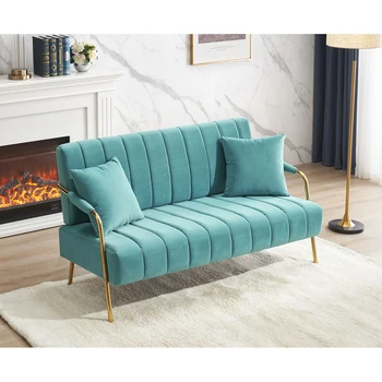 Modernus audinių sofa mėlyna Australijos kašmyras, patogus loveseat su dviem mesti pagalvės