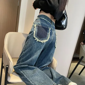 Moteris, Džinsai Korėjos Didelio Juosmens Pločio Kojų Džinsinio Audinio Kelnės Patikima Kišenėje Dizaino Streetwear Vintage Mados Harajuku Tiesios Kelnės