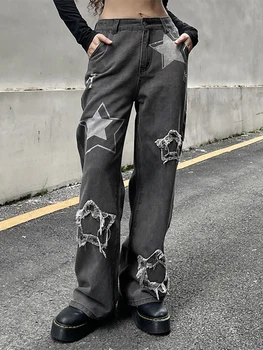 Moterų Žvaigždžių Kratinys Džinsai Vintage Kietas Mažas Juosmens, Tiesios Kojos Kelnės Prarasti Y2K Harajuku Streetwear Spausdinti Džinsinio audinio Kelnės