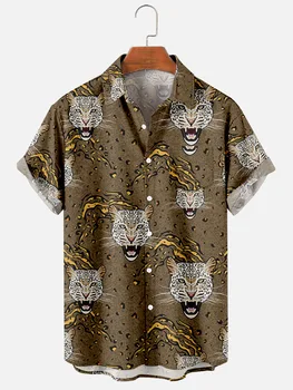 Nauja Havajų Vyrų Atsitiktinis Leopardas Spausdinti Marškinėliai Vintage Drabužiai Laisvi Hip-Hop Apačioje Trumpas Rankovės Marškinėliai