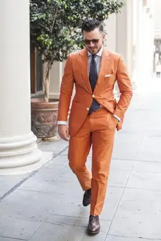 Oranžinė Žingsniu Atlošas Dviejų Mygtukų Vyrų Kostiumai Custome homme mados švarkas vyrams cool tuxedos gražus (Striukė+Ziajać+Kaklaraištis+Nosinės)