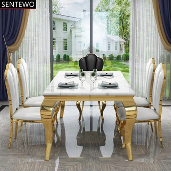 Populiarus Prabangus Marmuro, virtuvė, valgomasis stalas 4 vakarienė kėdės nustatyti Metalo, Titano, aukso rėmo namų baldai mesa com 6 cadeiras
