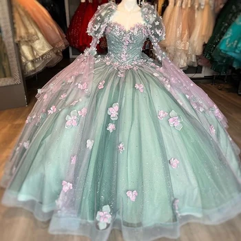Prabanga Princesė Sluoksniuotos Rankovėmis Quinceanera Suknelės 3D Gėlių Kamuolys Suknelė Gimtadienio Suknelė Nėriniai-Up Zawalcowany Saldus 16 Suknelės Tiulio vestido