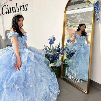 Princesė Off Peties Kamuolys Suknelė Quinceanera Suknelės 2023 Kristalų 3D Gėlių Nėrinių Appliques Prom Šalies Vestidos