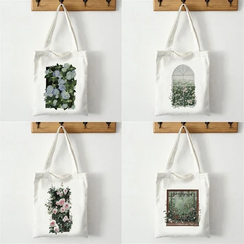 Pritaikoma Gėlių, Augalų Menas Spausdinti Pirkinių Krepšys Daugkartinio Naudojimo Drobės Pirkinių Krepšys Nešti Maišą Moterų Pečių Maišą
