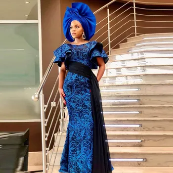 Royal Blue Evenign Suknelės Trumpomis Rankovėmis, Blizgučiais Nėrinių Afrikos Moterų Undinė Promenadzie Suknelė Pusėje Traukinio Aso Ebi Šalies Chalatai
