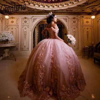 Rožinė Quinceanera Suknelės Meksikos Off Peties Kamuolys Suknelė Princesė Ilgas Saldus 16 Prom Dress 15 metų
