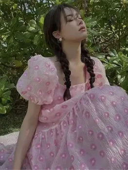 Rožinės Spalvos Elegantiškas Saldus Suknelė Moterims Kawaii Gėlių Atsitiktinis Korėjos Gana Moteriška Suknelė Princesė Dizaineris Paplūdimio Pasakų Suknelė Vasaros 2022